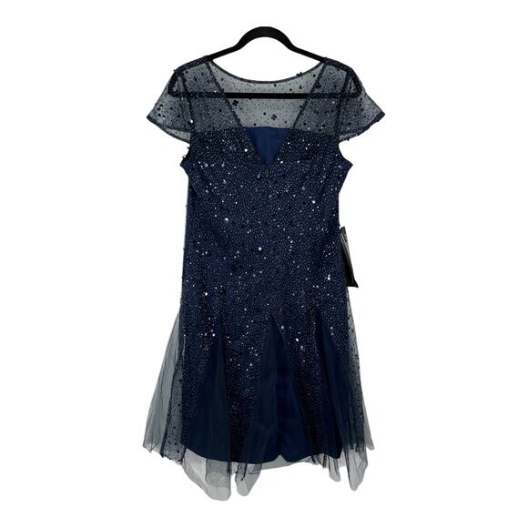 JS Collections dress Alyssa godet cocktail glitter sequins navy blue size 10 - Picture 5 of 8